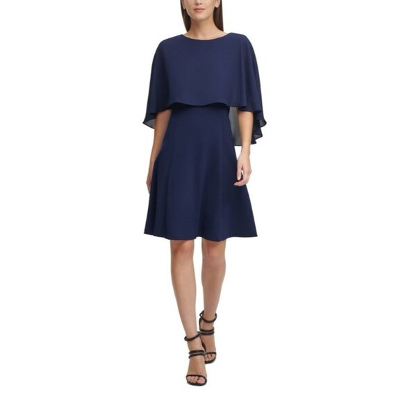DKNY A Line Dress 10 Navy Blue Flutter Cape Short Sleeve Flowy Romantic NEW - Picture 1 of 11